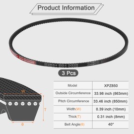sourcing map 3pcs XPZ850 EPDM V-Belt, wedge Section Cut Edge Cogged Industrial Rubber V Belt 10mm Width x 850mm Pitch Circumference