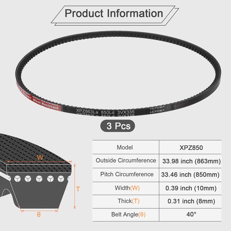 sourcing map 3pcs XPZ850 EPDM V-Belt, wedge Section Cut Edge