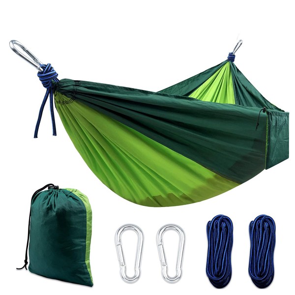 Camping Hammock, Double & Single Portable Hammocks with 2 Tree Straps and Carabiners | Easy Assembly | Lightweight Parachute Nylon Hammocks for Backpacking, Travel, Beach, Hiking (Dark Green/Green)