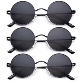 3 PACK Round Sunglasses Men Women Polarized Hippie Round Sun Glasses Circle Sun Glasses Metal Frame With UV Protection, Black Rim (45mm)