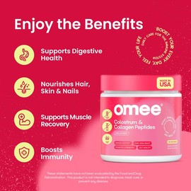 Omee Bovine Colostrum with Grass-Fed Hydrolyzed Collagen Powder | Hair Growth, Beauty, Skin & Nail Supplement | Gut Health, Immune Support | Probiotics | 40% IgG, Unflavored, Gluten-Free, 30 Servings