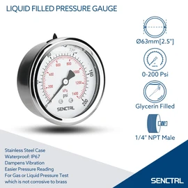 SENCTRL 0-200 Psi Glycerin Liquid Filled Pressure Gauge, 2.5" Dial Size, 1/4" NPT Back Mount, Stainless Steel Case, for Water Oil Pressure Test in Pipe Pool Pump Sand Filter Air Compressor