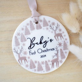 Baby's 1st Christmas 2024 Xmas Tree Decoration. Nordic Scandi Reindeer Ceramic Disc Ornament. Classy Christmas Bauble. Son Daughter Neutral