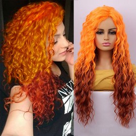 Billowig Long Curly Wig For Women, Orange to Auburn Color Hair, 28 inch Long Wavy Orange Mixed Auburn Wig, Heat Resistant Synthetic Hair For Cosplay Daily Party Use