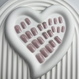 Pink White Gradient Press on Nails Short Square Fake Nails with Rhinestones Design Glue on Nails Reusable Glossy Acrylic Artificial Stick on False Nails for Women Manicure 24PCS…