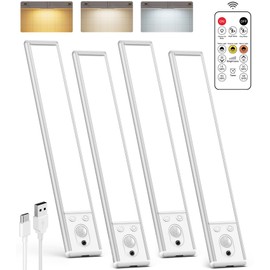 Under Cabinet Lighting Wireless, 2200mAh Rechargeable Motion Sensor Light Indoor, 3 Color Temps, Dimmable, Wireless LED Closet Lights Remote, Magnetic Under Counter Light for Kitchen, Pantry, 4 Pack