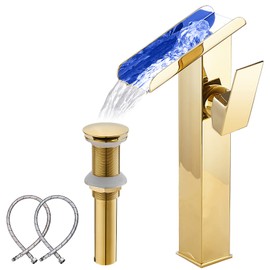 Bathroom Vessel Faucet Gold Waterfall Open Spout Basin Faucet Led Color Changing by Temperature for Bowl Sink with 1Hole Right Handle Without Overflow Pop Up Drain Stopper Supply Hoses Lavatory Basin