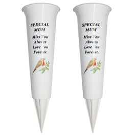 Set of 2 Memorial Grave Flower Pot - 33cm tall Sturdy White Memorial Graveside Flower Vase with Spike and Robin Image (Special Mum)
