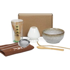 Keepaty Japanese Matcha Tea Set of 7 ,With100 Prong Matcha Whisk, Whisk Holder,Traditional Scoop, Tea Spoon,Tea Sifter,Tea Towel and Ceramic Matcha Bowls