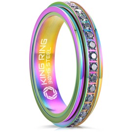 King Ring 5mm Fidget Ring – Spinner Ring for Men & Women with Glass Stones K34 – Multi 06