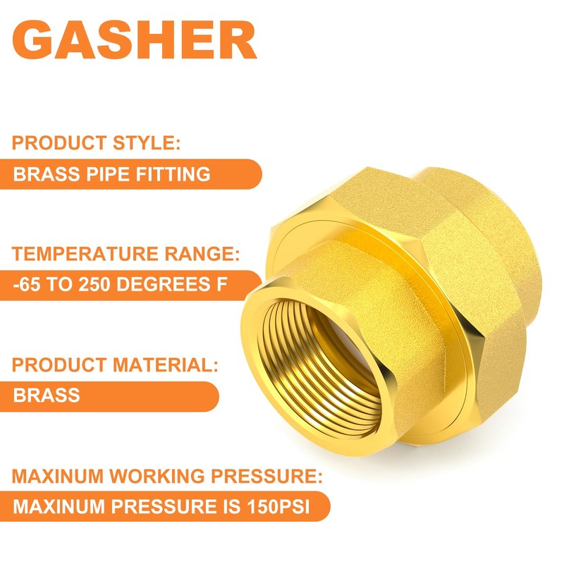 GASHER Brass Pipe Fitting, Brass Union 3/4" Female Pipe Fitting,