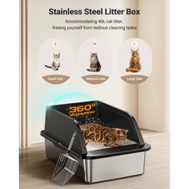 PEDIBAT XL Stainless Steel Litter Box, Extra Large Metal Cat Litter Box with High Sided for Big Cats, Enclosed Litter Boxed with Lid, Easy-Clean Cat Litter Mat & Scoop Kit, Anti-Urine Leakage (Black)