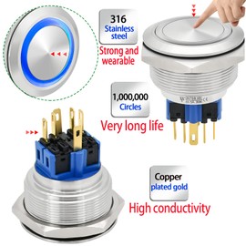 ZJWZJH 30mm Momentary Push Button Switch SPDT DPDT Big Head Waterproof with 12V LED Angel Eye Metal Stainless Steel Start Switch 1.18" Hole with Socket (Momentary,24V, Blue)