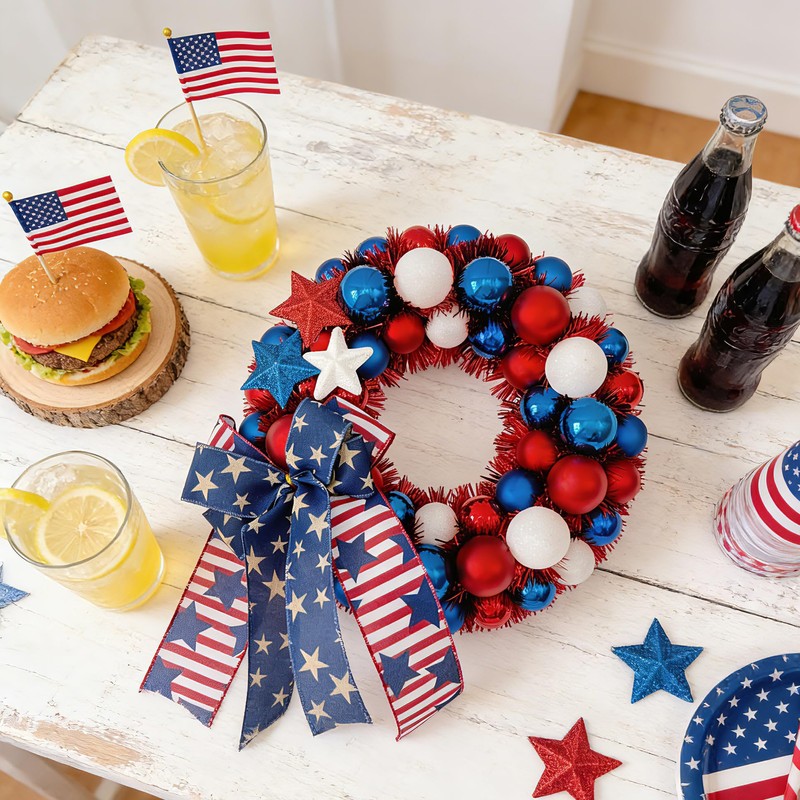 HipTree 13 Inch Patriotic Ball Wreath for Front Door with