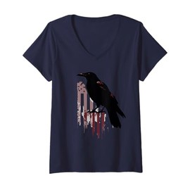 Womens Black Crow Silhouette Distressed USA Flag Dystopian Artwork V-Neck T-Shirt