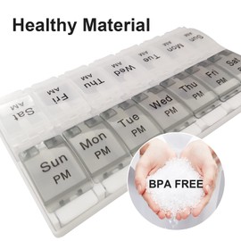 DSYSC Pill Boxes 7 Day 2 Times a Day with Opening Push Button, 7 Day Pill Box Organiser, Weekly Tablet Organiser Boxes 7 Day AM and PM, Medication Organizer Case for Vitamins (Grey White)