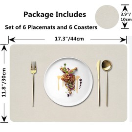 Abuzhen Placemats Set of 6, Faux Leather Place Mats with Coasters, Waterproof, Stain Resistant, Heat Resistant, Easy to Clean PU Table Mats for Dining Table and Decor (Set of 6, Rectangle Cream White)