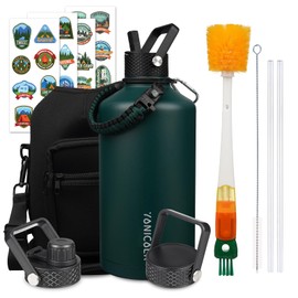 YONICOER Insulated Water Bottle 128oz,Triple Wall Vacuum Stainless Steel(Dishwasher Safe),Leak Proof & Non-BPA,Flask Jug with Paracord Handle & Straw Spout Lids Sports Green