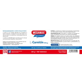 Megamax L-Carnitin 500 mg 180 Tbl.(l-carnitine, carnipure). Körpereigenes L-Carnitin unterstützt die Energiefreisetzung im Fettstoffwechsel. Inhalt: 180 Tabletten à 500 mg L-Carnitin