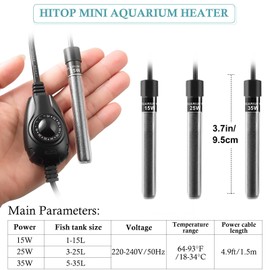 PYPABL Super Mini Aquarium Heater 15W 25W 35W, Submersible Nano Fish Tank Heater with External Controller, Adjustable Heater for 1-35L Small Fish Tank, Betta Heater for Fish Bowls (15W)