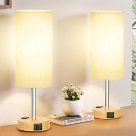 Fenmzee Small Touch Table Lamps Set of 2-3-Way Dimmable, USB A + C Charging, AC Outlet, Wood Grain Base, Bulbs Included