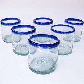 MEXHANDCRAFT Mexican Blown Glass DOF Rock Glasses Cobalt Blue Rim (Set of 6)