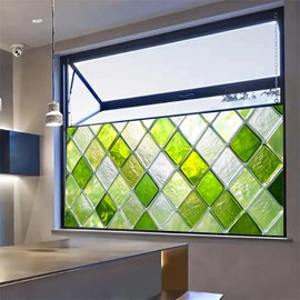 HOMETITUTE Green Diamond Pattern Window Film 39.3x17.7 Inch Stained Glass Privacy Cling Decorative Window Cover UV Blocking No Glue Static Film for Bathroom Kitchen Door Living Room Office