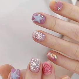 Lwenjing Nail Tip, False Nail Tip, 3D Nail Tip, Handmade Nail Tip, Wedding Nail Tip, Cute, Long, Popular, Japanese Style, Bride Nails, Shiny, False Nails, Pack of 24