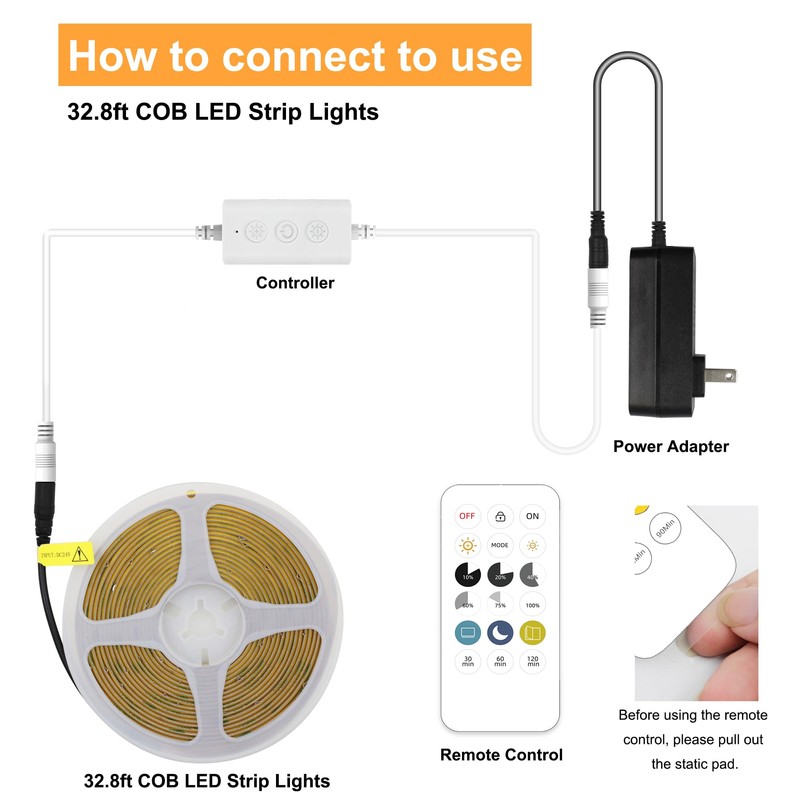 AXMOTUT COB LED Strip Lights with RF Remote, 24V 32.8ft