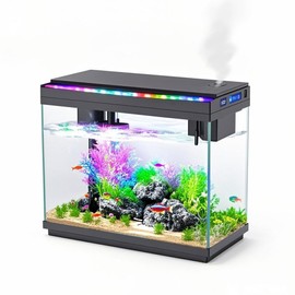 Smart Aquarium Fish Tank with Silent Water Pump, 2.4 Gallon Small Aquarium with Quick Start Kit, Temperature Display, Humidifier and RGB Lights, Perfect for Home, Office, and Decor