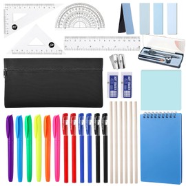 Stationery Set, Stationery Supplies, 30 Pcs School Supplies Kit with Pencil Case, Notepad, Highlighters, Pens, Pencils, Compass, Rulers, Erasers, Bookmark, Sticky Note, Sharpener