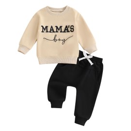 Loalirando Toddler Mama's Boys 2PCS Pants Outfit Long Sleeve O Neck Letter Embroidery Sweatshirts Tops Drawstring Elastic Waist Sweatpants Fall Winter Clothes Set (Khaki, 18-24 Months)
