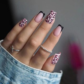Press on Nails Square Short Length Glossy Full Cover Acrylic Square Shaped False Nails with Leopard Designs Artificial Short Square Fake Nails with Charms Glue Stick ons Fingernails for Women(X0193)
