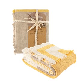 DREAMY RIKKA Muslin Blanket Queen Size 83"x89" for Adults Turkish Cotton Breathable Lightweight Fluffy Gauze Bed Blanket for Bed Couch Oeko Tex 3 Layer Saffron Ivory