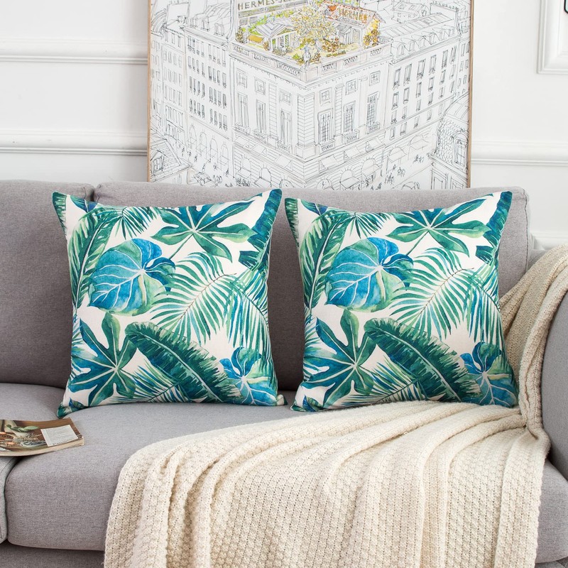 Green Leaves Cushion Cover Tropical Palm Leaves Spring Summer Cushion
