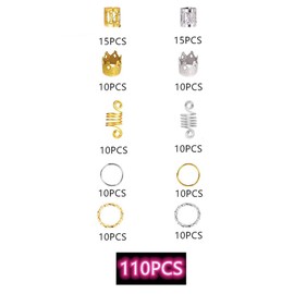 Accesorios para el Cabello Anillos, 110 Piezas Círculo de Metal Cilindro de Plumas Forma de Corona Puños Trenzados para el Cabello Accesorios para el Cabello Pinzas para el Cabello Decoración