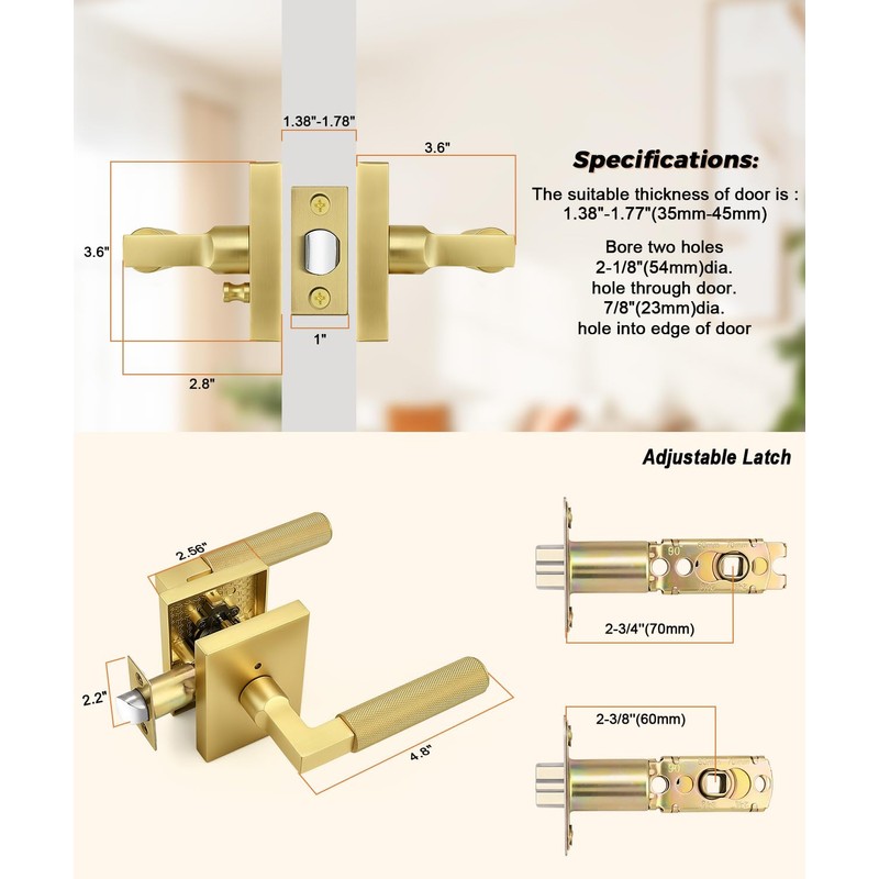 Probrico Brushed Gold Privacy Door Handle, Knurled Lever, Heavy Duty