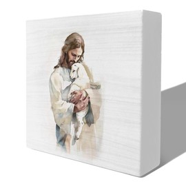 YQDEJ Jesus and Lamb Decor Sign, Christian Desk Decor Sign, Jesus Sign, Jesus Gifts, Juses Decor for Home, Christian Gifts, Juses Shelf Decor, 5x5 Inches