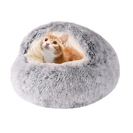 Calming Dog Beds & Cat Cave Bed with Hooded Cover,Removable Washable Round Beds for Small Medium Pets,Anti-Slip Faux Fur Fluffy Coved Bed,Comfortable Warming Pet Bed (24 * 24inch, Grey)