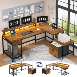 DurayLoly L Shaped Desk with Drawers & Printer Storage Shelves for Home Office, Large Reversible Computer Desk with LED Lights & Power Outlets, Office Desk with Monitor Shelf, Rustic Brown
