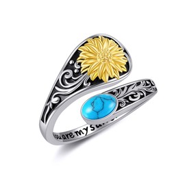 YAFEINI Sunflower Spoon Ring 925 Sterling Silver Turquoise Adjustable Sunflower Mother's Day Jewelry for Women Mom