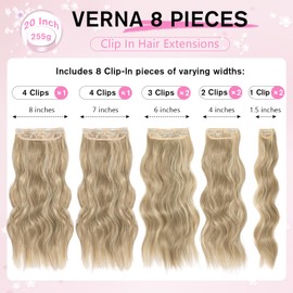 Clip in Hair Extensions for Women, 8PCS 20 Inch Wavy Ash Blonde Mixed Light Blonde Hair Extensions Clip Ins Mix Blonde, Synthetic Long Hairpieces for Women