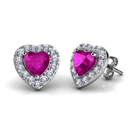 DEPHINI - Pink Heart Earrings - 925 Sterling Silver - CZ Crystal Pendant - Fine Jewellery Stud Earrings for Women - Rhodium Plated Silver - Cubic Zirconia