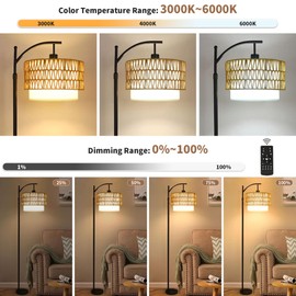 ZECOXOL Arc Floor Lamp for Living Room Boho Floor Lamps with Remote Control & with 3 Color Temperatures,Rattan Wicker Standing Lamp Dimmable Tall Floor Lamp for Bedroom Living Room Corner