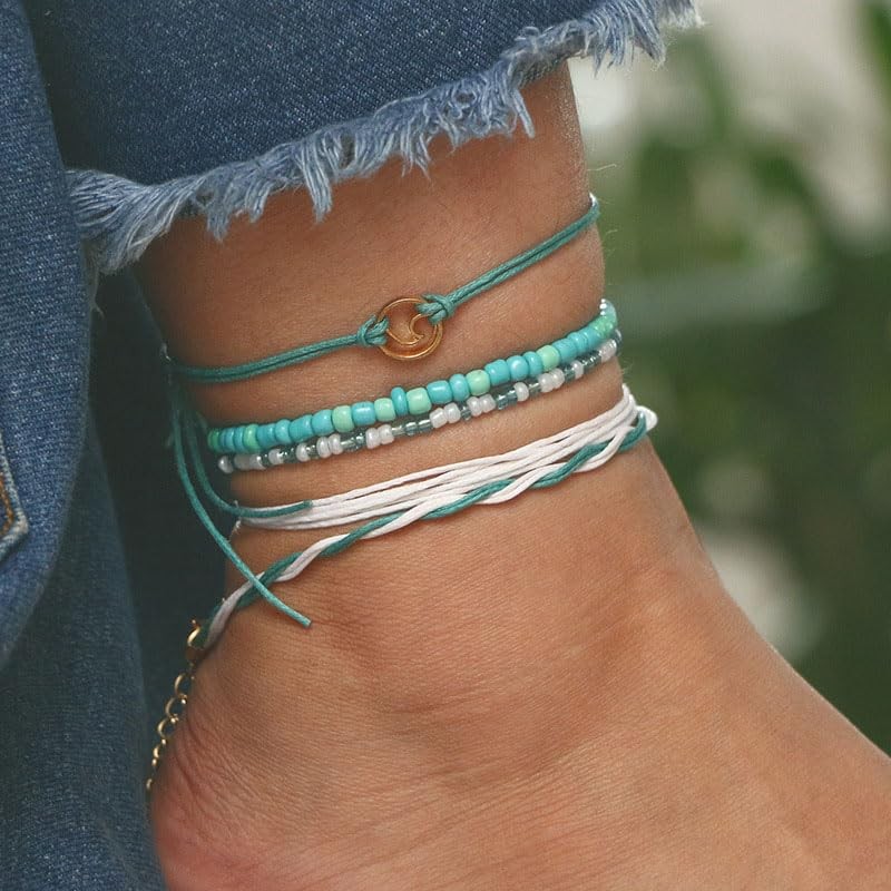 Aluinn 5sets Ocean Wave Anklet Adjustable Waterproof Summer Bohemian Anklets