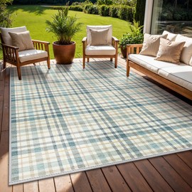 GENIMO Indoor Outdoor Area Rug 8'x10', Waterproof Geometric Outside Carpet, Non Shedding, Easy Cleaning, Camping Mat for Living Room, Patio, Balcony, Bedroom, Deck, Dining Room, RV, Blue & Beige