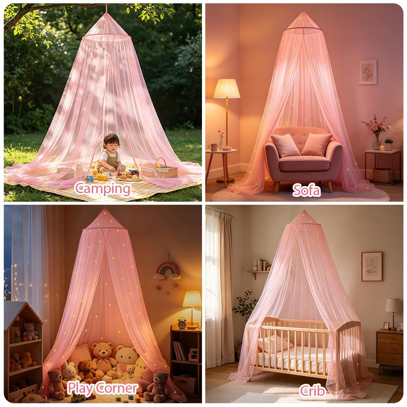 WIYIXI Glowing Stars Pink Bed Canopy for Princess Netting Room