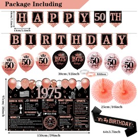 50th Birthday Decorations Kit for Women, Rose Gold 25PCS Back in 1975 Banner Decorations, Vintage 1975 Banner Wooden Table Sign Poster Hanging Swirl Balloons Sash Paper Fans Cheers to 50 years