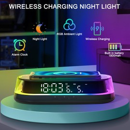 DESGNT Nachttischlampe mit Ladefunktion,LED Lichtwecker Tischlampe Touch Dimmbar mit 2 Helligkeitsstufen,RGB Nachtlicht mit 15W Wireless Charger,wecker mit licht für Schlafzimmer Wohnzimmer Büro