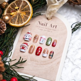 Sun&Beam Nails Handmade Nail Tip, Short, Square, Oval, Round, Red, White, White, White, Green, False Claws, Christmas, 3D, Sweet Design, Stylish, False Nails, Pack of 10 (#190 XS)